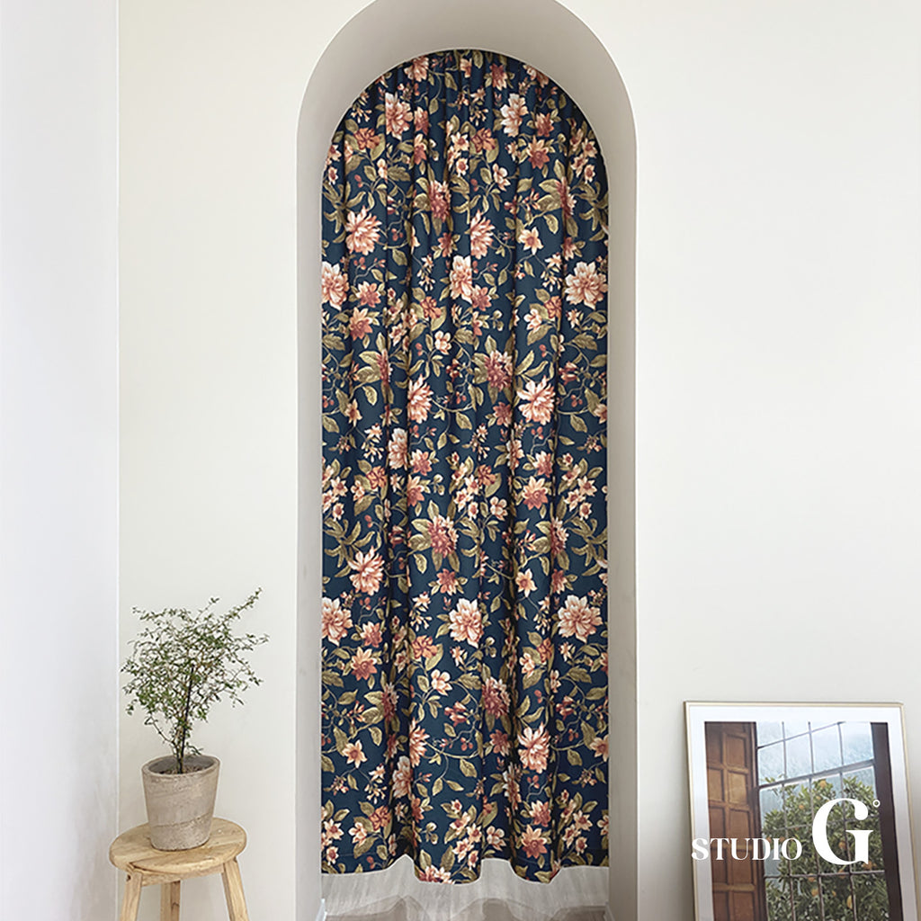 Navy Floral Vintage Blackout Curtain – 70% Light Blocking, Retro Botanical Print, 59" Panel