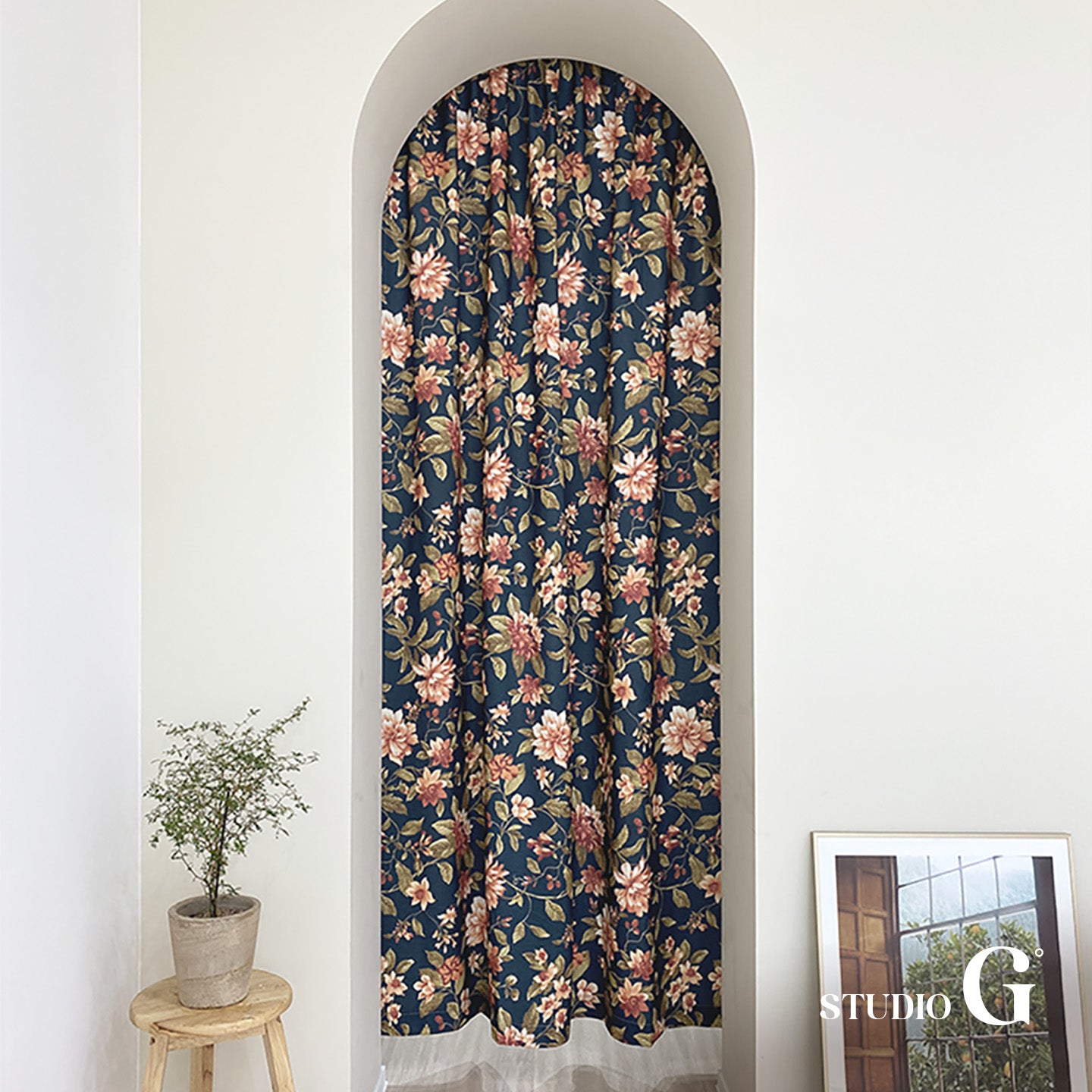 Navy Floral Vintage Blackout Curtain – 70% Light Blocking, Retro Botanical Print, 59" Panel