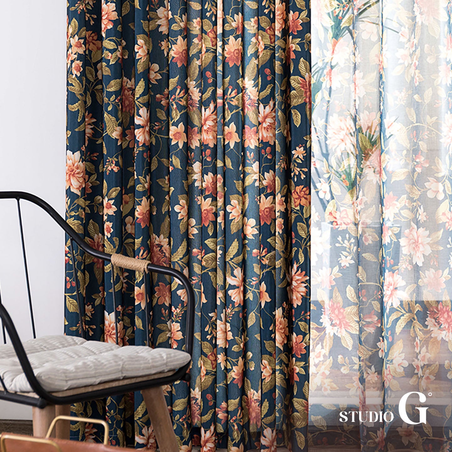 Navy Floral Vintage Blackout Curtain – 70% Light Blocking, Retro Botanical Print, 59" Panel