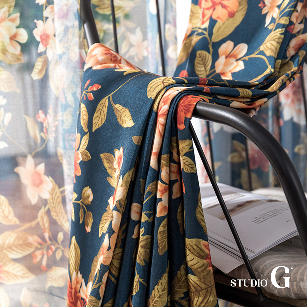 Navy Floral Vintage Blackout Curtain – 70% Light Blocking, Retro Botanical Print, 59" Panel