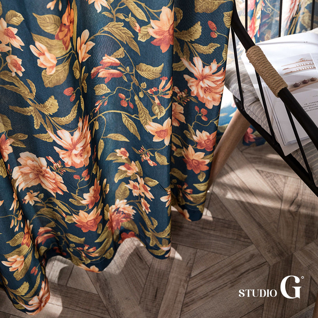 Navy Floral Vintage Blackout Curtain – 70% Light Blocking, Retro Botanical Print, 59" Panel