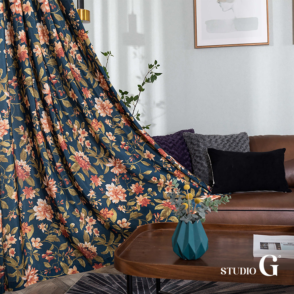 Navy Floral Vintage Blackout Curtain – 70% Light Blocking, Retro Botanical Print, 59" Panel