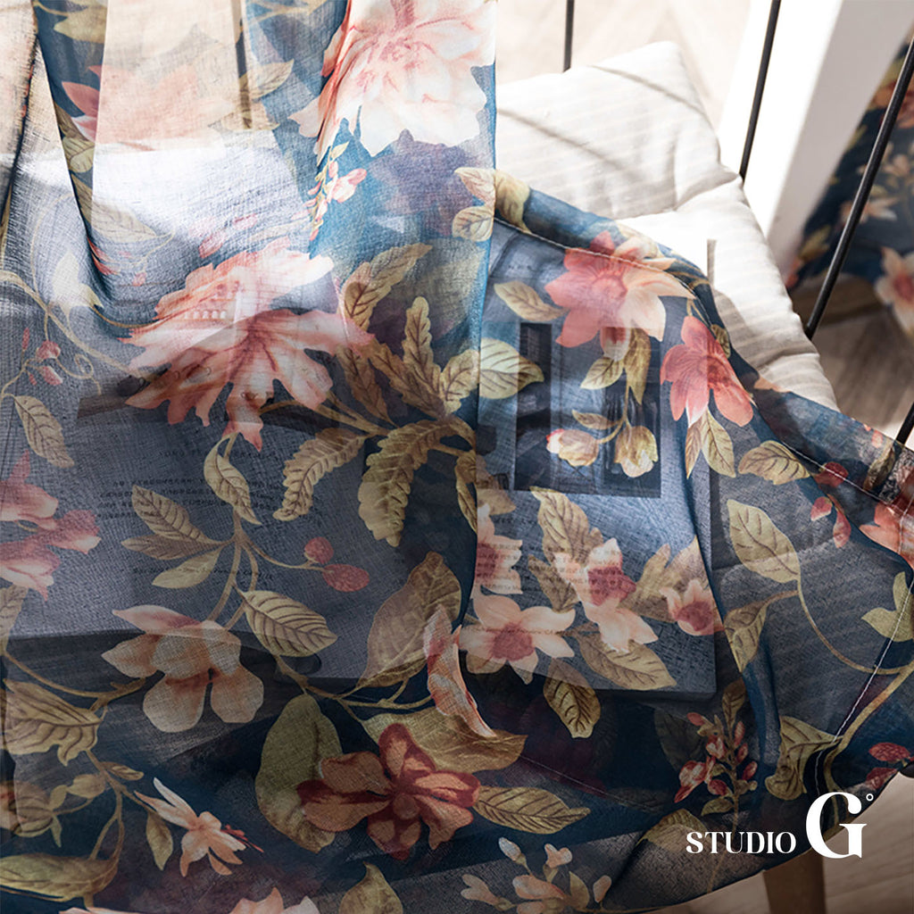 Navy Floral Vintage Blackout Curtain – 70% Light Blocking, Retro Botanical Print, 59" Panel