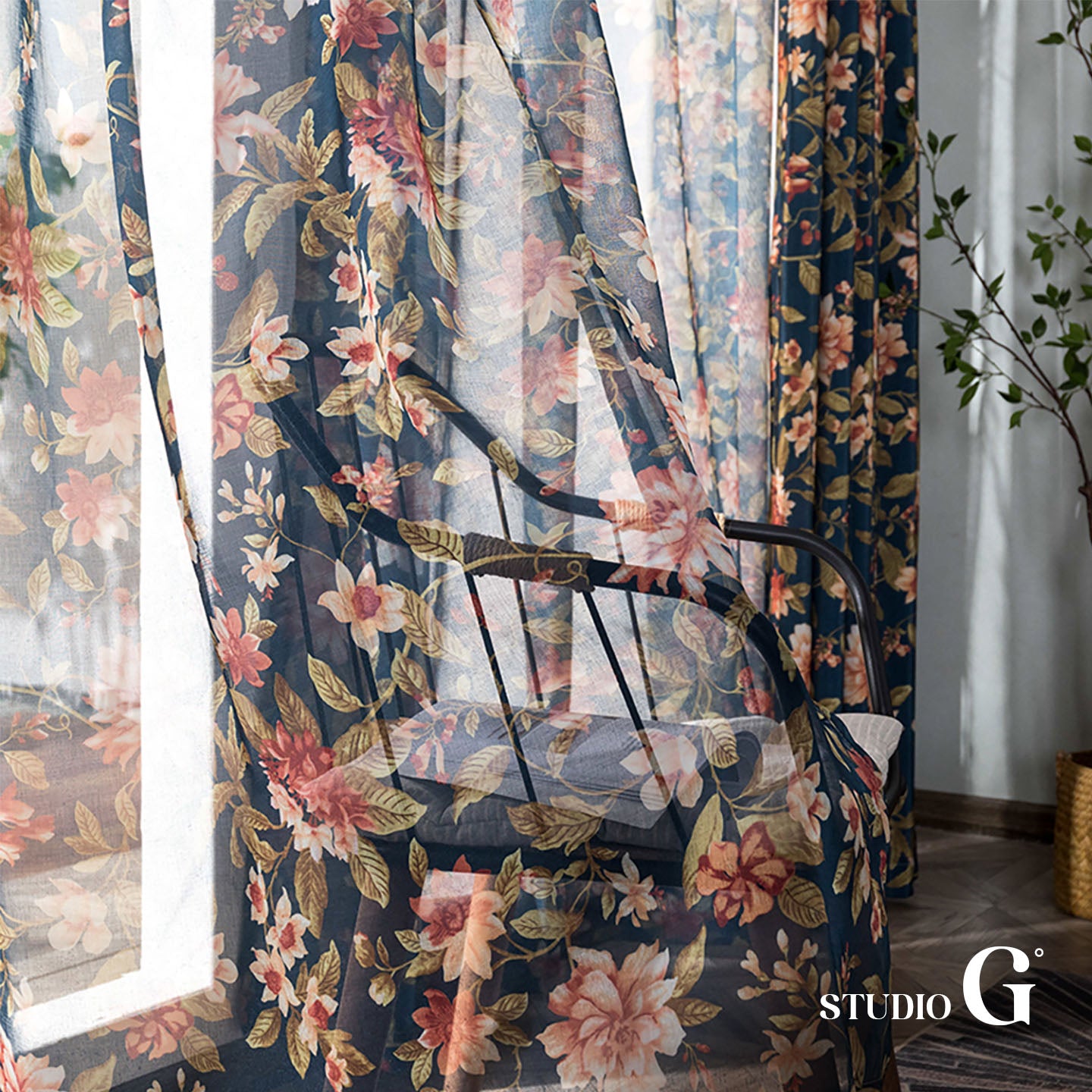 Navy Floral Vintage Blackout Curtain – 70% Light Blocking, Retro Botanical Print, 59" Panel