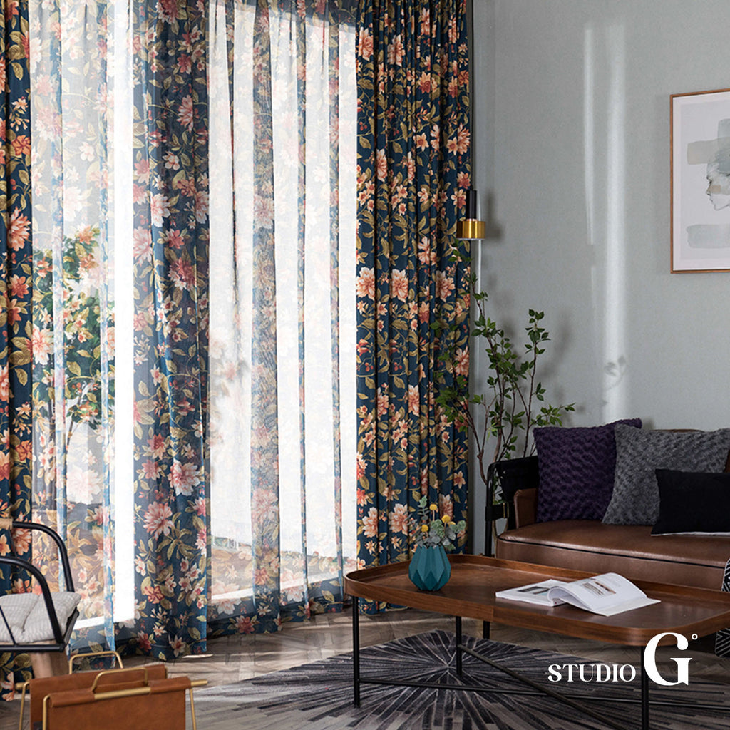 Navy Floral Vintage Blackout Curtain – 70% Light Blocking, Retro Botanical Print, 59" Panel