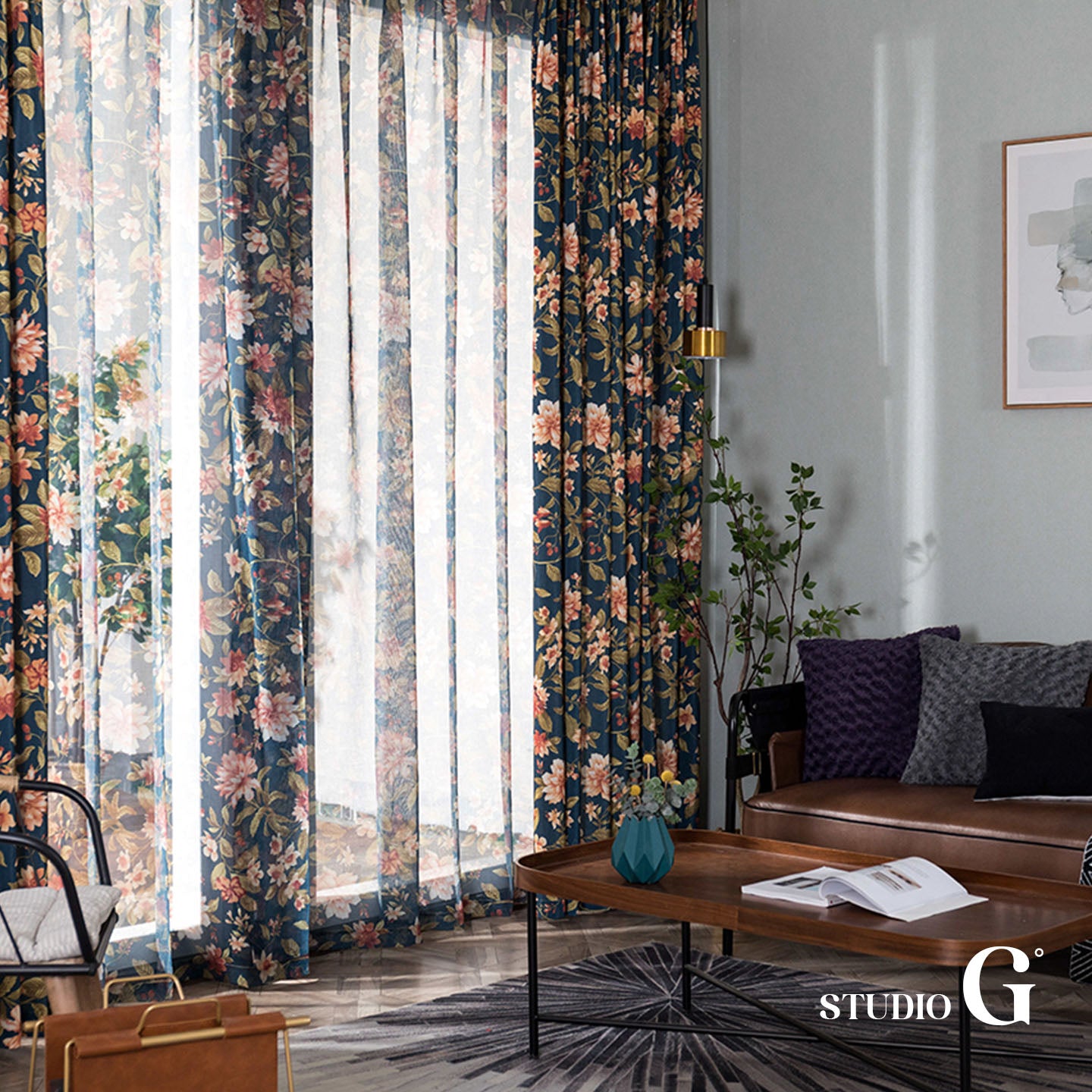 Navy Floral Vintage Blackout Curtain – 70% Light Blocking, Retro Botanical Print, 59" Panel