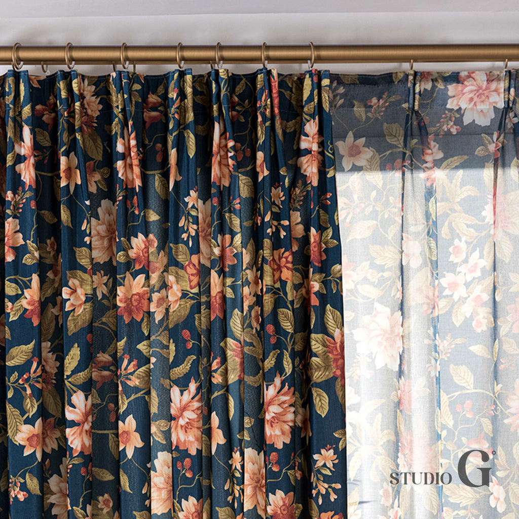 Navy Floral Vintage Blackout Curtain – 70% Light Blocking, Retro Botanical Print, 59" Panel