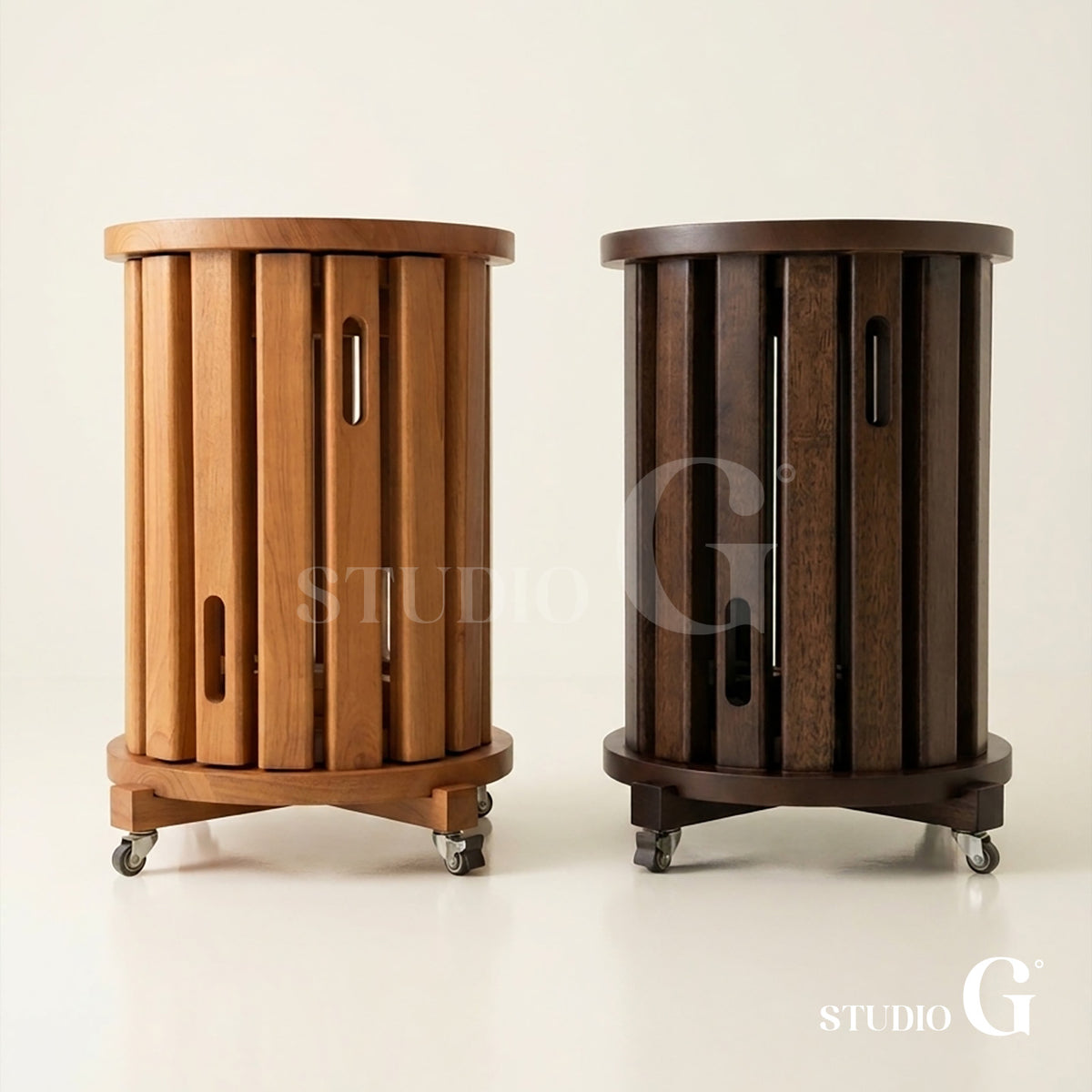 Light Brown and Dark Brown solid wood side tables side by side on caster bases
