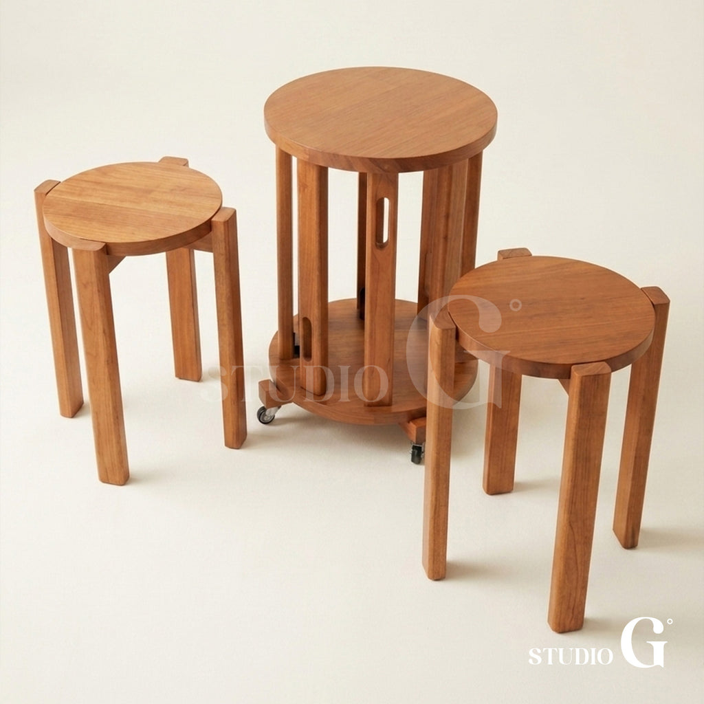 Light Brown side table with two solid wood stools pulled out beside it