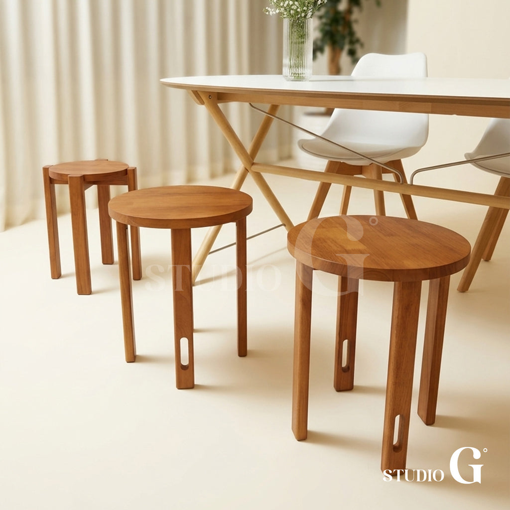 Light Brown stools used as extra seating around a dining table