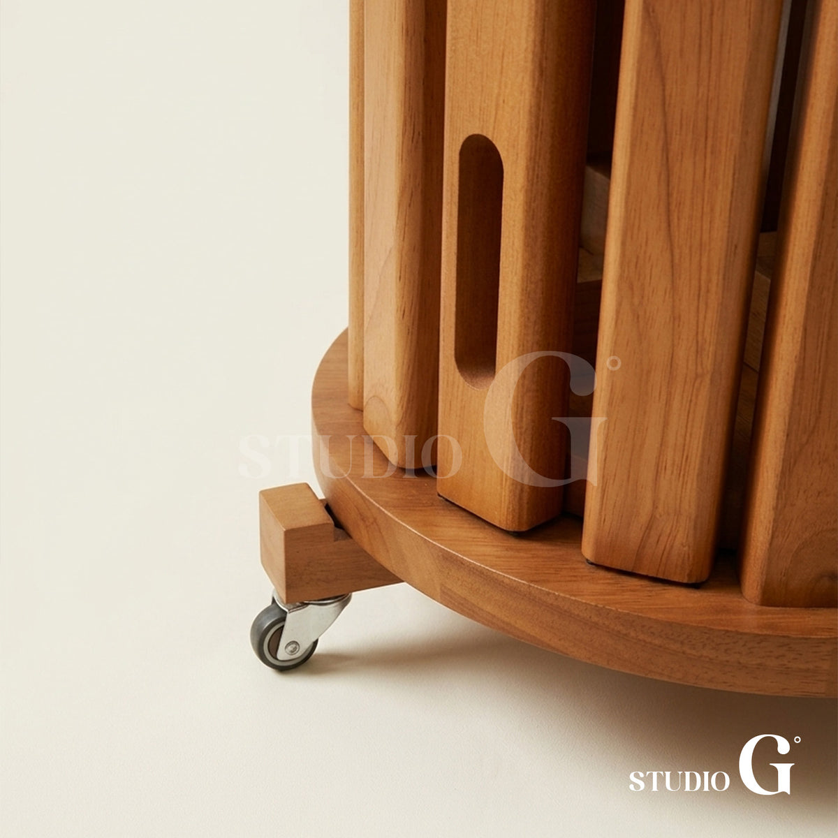 Close-up of the stool legs and finger slot on the caster base