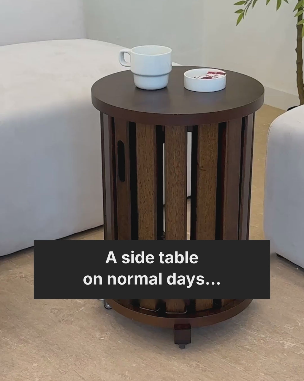 Product video of the solid wood side table that splits into four stools