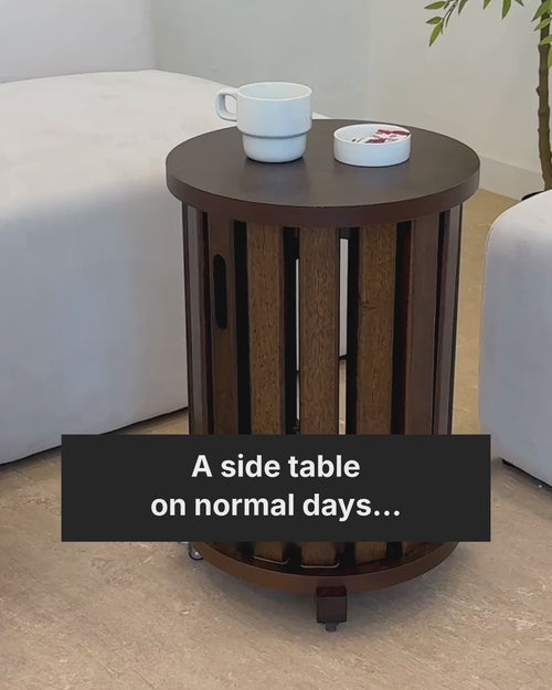 Product video of the solid wood side table that splits into four stools